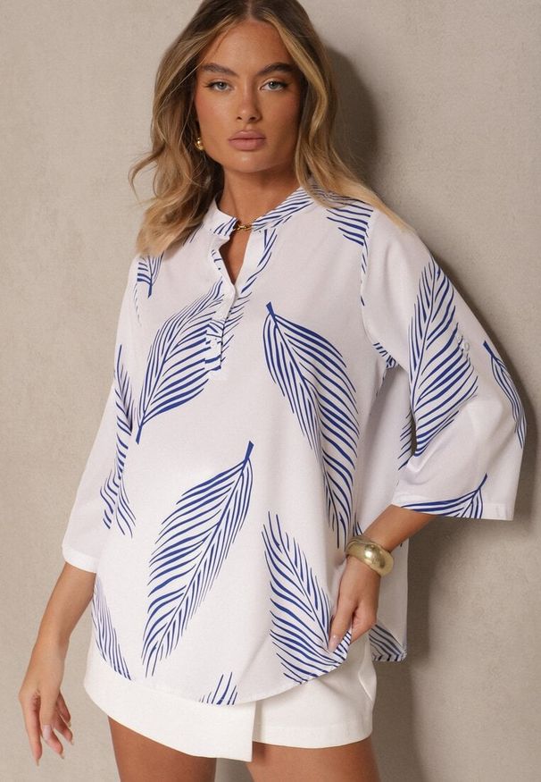 Renee - Biało-Niebieska Koszula z Bawełną i Motywem Liści Lumireline. Okazja: na co dzień. Kolor: biały. Materiał: bawełna. Styl: elegancki, casual