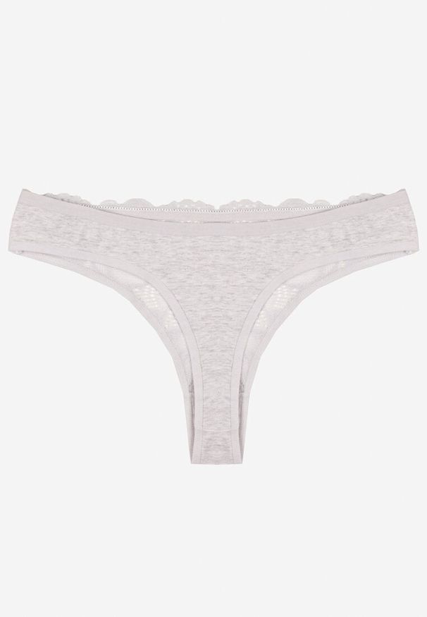 Renee - Jasnoszare Bawełniane Majtki Stringi z Koronką Ilwedana. Kolor: szary. Materiał: bawełna, koronka. Wzór: koronka