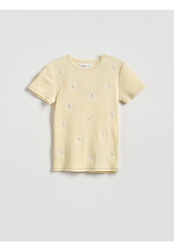 Reserved - Bawełniany t-shirt z haftem - jasnożółty. Kolor: żółty. Materiał: bawełna. Wzór: haft