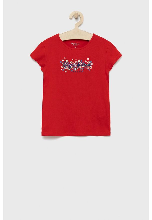 Pepe Jeans t-shirt dziecięcy Hatty kolor czerwony. Okazja: na co dzień. Kolor: czerwony. Materiał: dzianina. Wzór: nadruk. Styl: casual