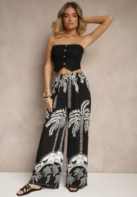 Renee - Czarne Spodnie z Wiskozy o Szerokim Kroju High Waist z Palmami Varritia. Okazja: na co dzień. Stan: podwyższony. Kolor: czarny. Materiał: wiskoza. Sezon: lato. Styl: elegancki, casual #4
