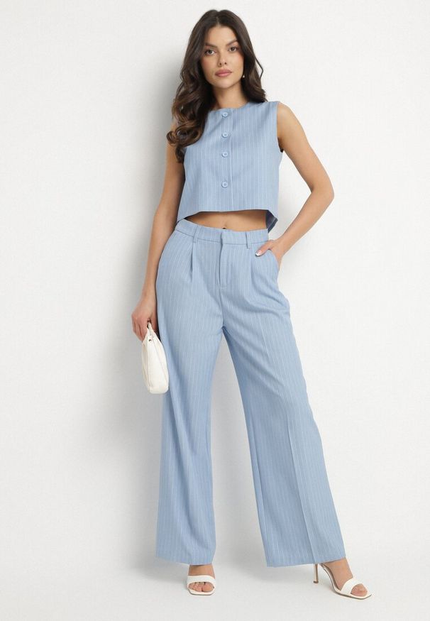 Born2be - Niebieski Garniturowy Komplet z Wiskozą Kamizelka i Szerokie Spodnie Lirasienne. Kolor: niebieski. Materiał: wiskoza