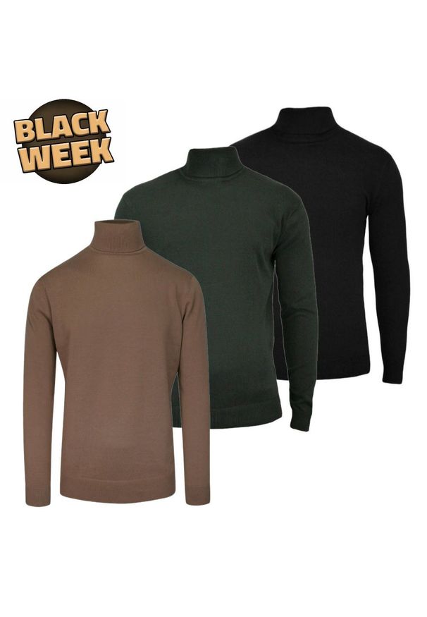 Zestaw Trzech Męskich Golfów - Brave Soul - Czarny, Camel i Zieleń Khaki. Typ kołnierza: golf. Kolor: czarny, brązowy, wielokolorowy. Materiał: bawełna. Sezon: zima, jesień. Styl: klasyczny