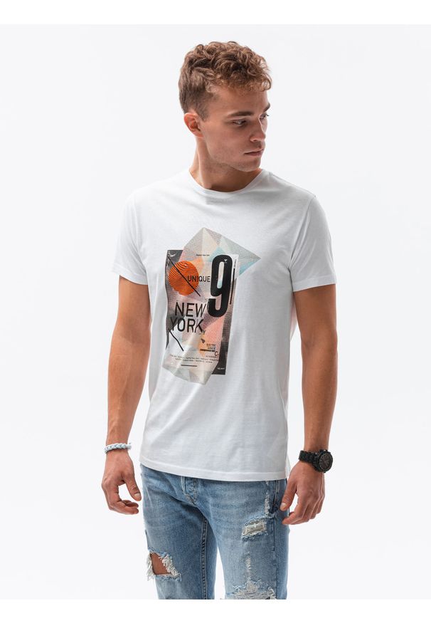 Ombre Clothing - T-shirt męski z nadrukiem S1434 V-16A - biały - XXL. Kolor: biały. Materiał: bawełna. Wzór: nadruk. Styl: klasyczny
