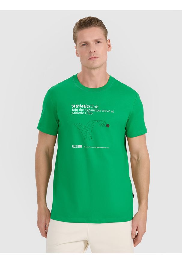 4f - 4F T-shirt regular z nadrukiem męski - zielony S. Okazja: na co dzień. Kolor: zielony. Materiał: jersey, bawełna, materiał. Długość rękawa: krótki rękaw. Długość: krótkie. Wzór: nadruk. Styl: casual, klasyczny, sportowy