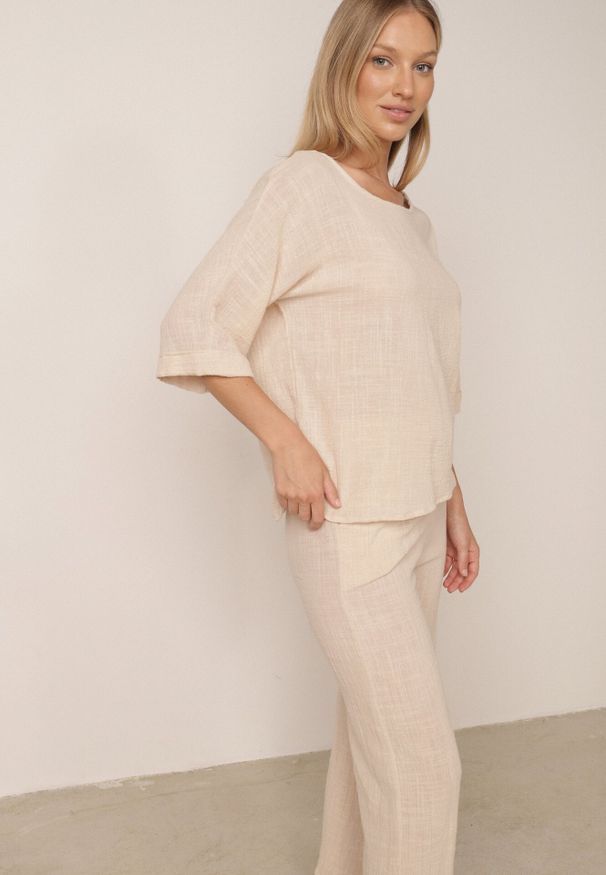 Born2be - Beżowy Komplet z Lnem i Bawełną Bluzka z Rękawem 3/4 i Spodnie Kuloty Danalane. Kolor: beżowy. Materiał: bawełna, len