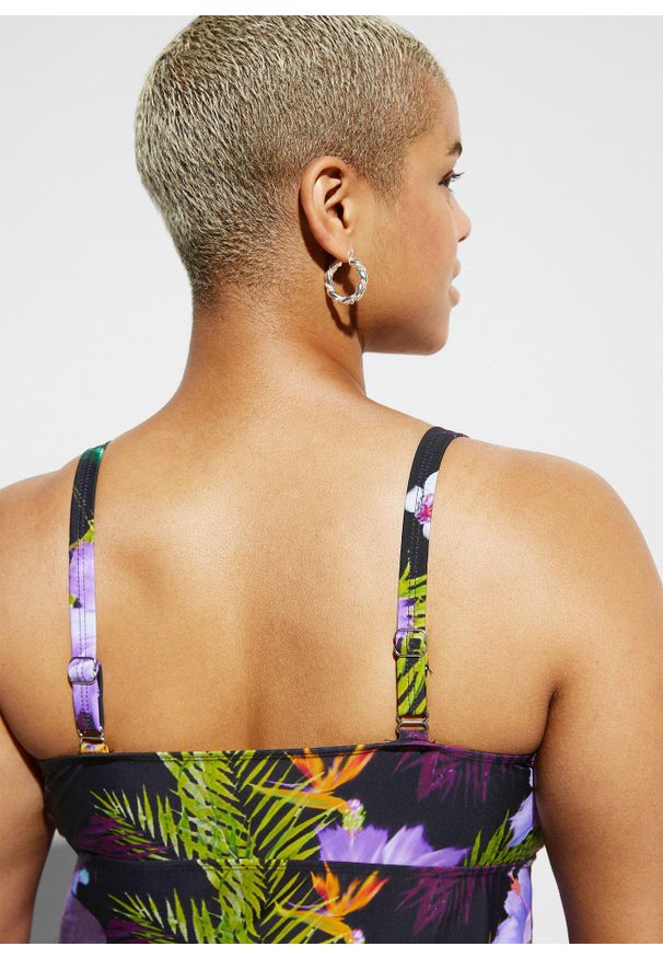 bonprix - Tankini z dekoltem w serek (komplet 2 cz.). Typ kołnierza: dekolt w serek. Kolor: czarny. Długość rękawa: na ramiączkach. Długość: długie. Wzór: nadruk, kwiaty