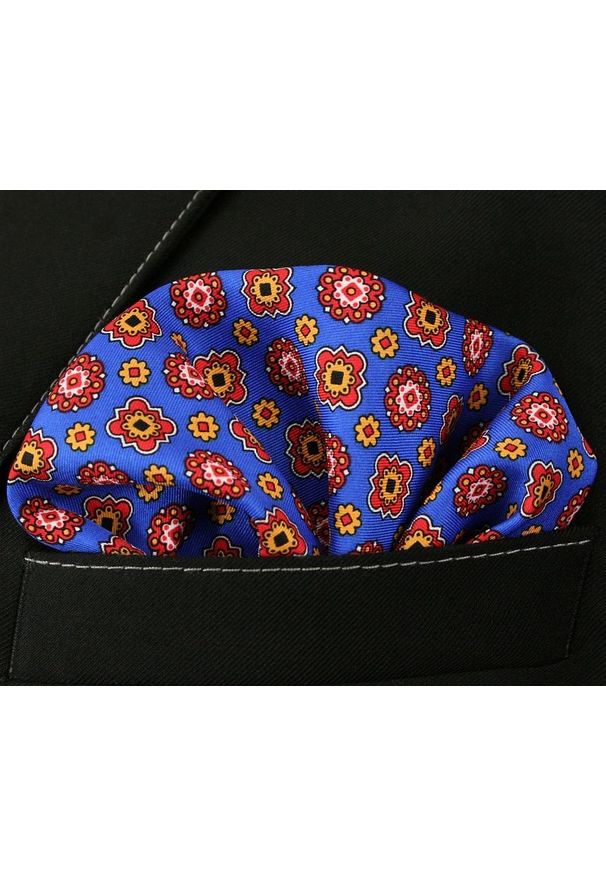 Chattier - Niebiesko-Żółta Elegancka Męska Poszetka -CHATTIER- Wzór Geometryczny. Kolor: niebieski, złoty, żółty, wielokolorowy. Materiał: mikrofibra. Wzór: geometria
