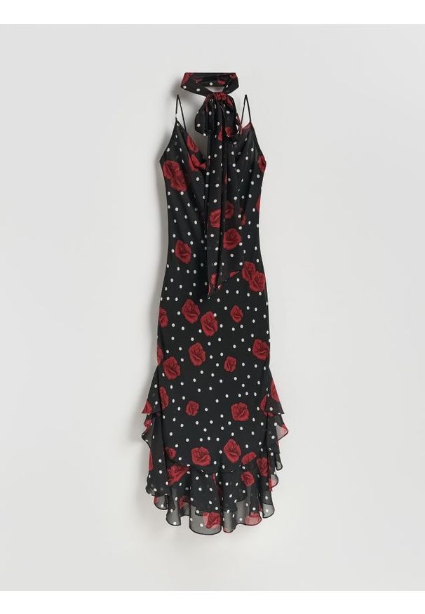 Reserved - Wzorzysta sukienka z szalem - czarny. Kolor: czarny. Materiał: tkanina. Typ sukienki: proste