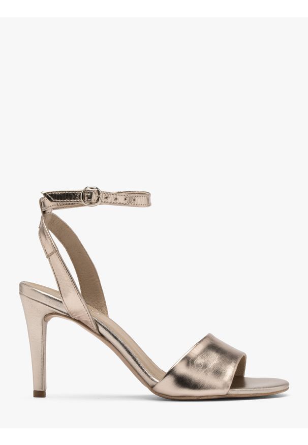 Ryłko - Złote sandały na szpilce MIRELLA. Kolor: złoty. Materiał: welur. Obcas: na szpilce. Styl: street. Wysokość obcasa: średni