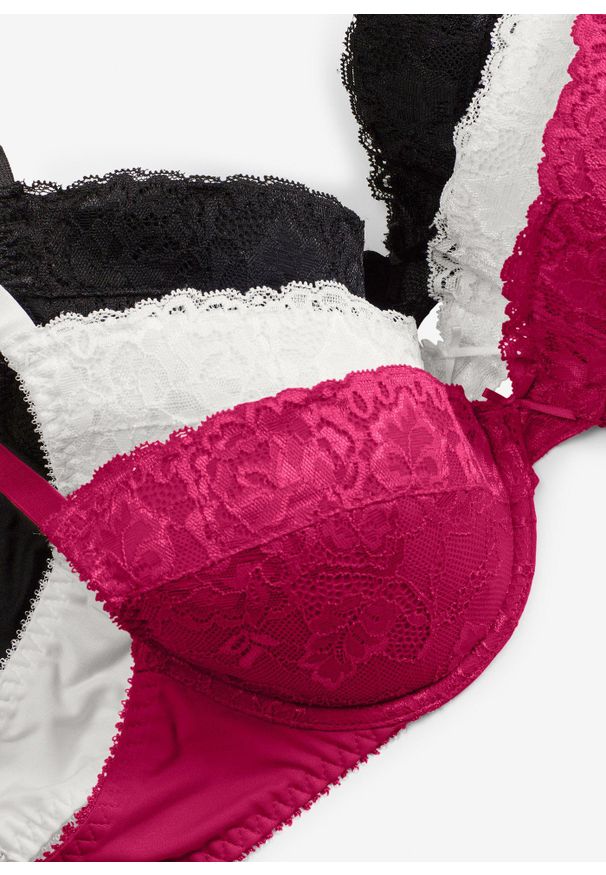 bonprix - Biustonosz push up z delikatną koronką (3 szt.). Kolor: różowy. Materiał: bawełna, koronka. Rodzaj stanika: push-up. Wzór: koronka