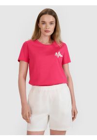 4f - 4F T-shirt regular z nadrukiem damski - różowy S. Okazja: na co dzień. Kolor: różowy. Materiał: dzianina, bawełna, jersey, materiał, tkanina. Wzór: nadruk. Styl: klasyczny, elegancki, sportowy, casual
