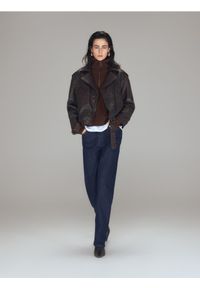 Reserved - Skórzana kurtka typu biker - ciemnobrązowy. Kolor: brązowy. Materiał: skóra #1