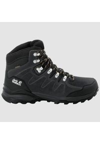 Buty trekkingowe męskie Jack Wolfskin Refugio Texapore Mid. Wysokość cholewki: za kostkę. Kolor: wielokolorowy, czarny, szary. Materiał: skóra, tkanina. Szerokość cholewki: normalna