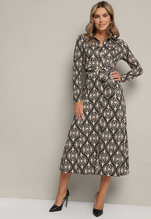 Born2be - Czarno-Beżowa Koszulowa Sukienka z Wiskozą w Ornamentalny Wzór z Wiązanym Paskiem Evathria. Okazja: na co dzień. Kolor: czarny. Materiał: wiskoza. Typ sukienki: koszulowe. Styl: klasyczny, casual, elegancki