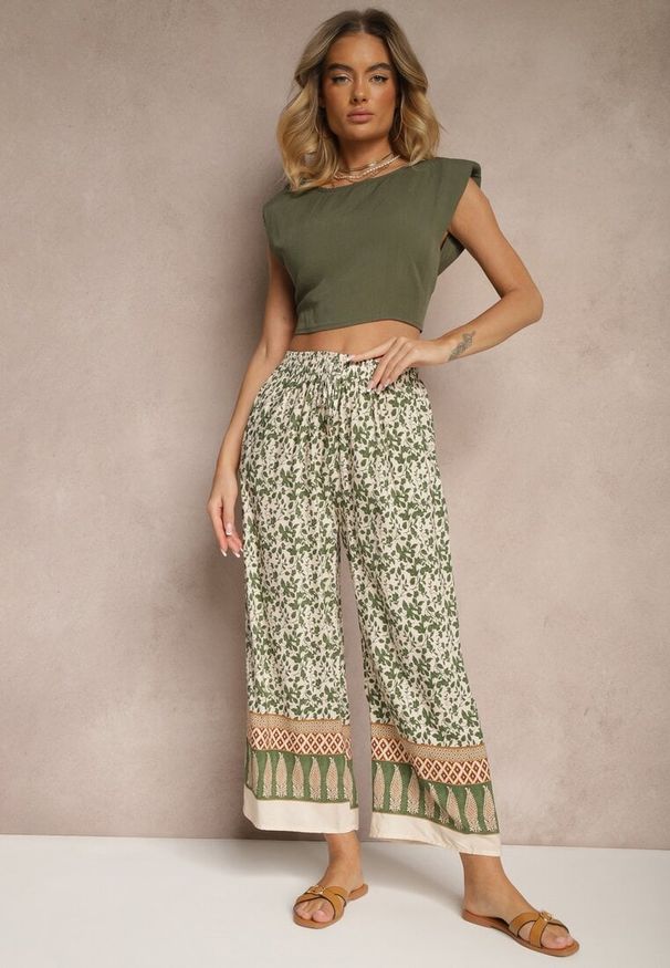 Renee - Zielone Spodnie z Bawełny High Waist z Abstrakcyjnym Wzorem Lisathiela. Okazja: na co dzień. Stan: podwyższony. Kolor: zielony. Materiał: bawełna. Styl: casual