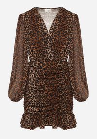 Born2be - Brązowa Kopertowa Sukienka w Panterkę z Marszczeniem i Falbanką Semiriael. Okazja: na co dzień. Typ kołnierza: dekolt w kształcie V, kołnierz z falbankami. Kolor: brązowy. Wzór: motyw zwierzęcy. Typ sukienki: kopertowe. Styl: casual, klasyczny, rockowy, elegancki #5