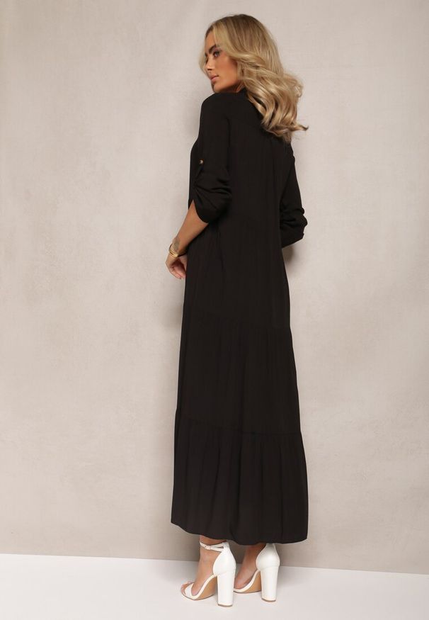Renee - Czarna Koszulowa Sukienka Maxi z Bawełny Junira. Okazja: na co dzień. Kolor: czarny. Materiał: bawełna. Typ sukienki: koszulowe. Styl: casual. Długość: maxi