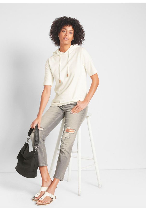 bonprix - Bluza z kapturem, z mieszanki bawełny. Typ kołnierza: kaptur. Kolor: biały. Materiał: bawełna. Długość rękawa: krótki rękaw. Długość: krótkie