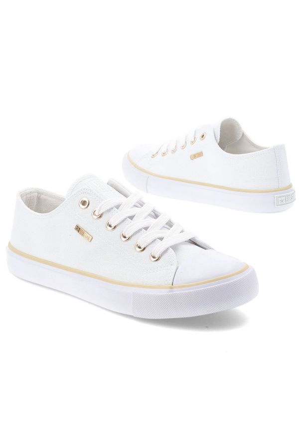 Big-Star - Trampki damskie Big Star, materiałowa cholewka sznurowany fason klasyczna biała podeszwa złote detale minimalistyczny design, białe, TT274772. Okazja: na spacer, na co dzień. Zapięcie: sznurówki. Kolor: biały. Materiał: materiał. Szerokość cholewki: normalna. Styl: klasyczny