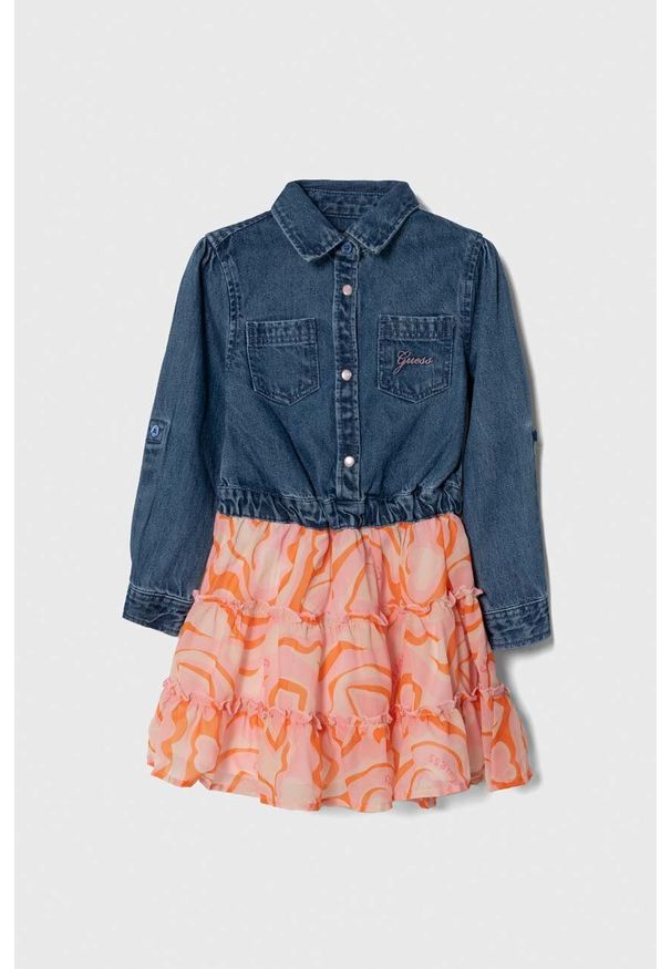 Guess sukienka dziecięca kolor różowy mini rozkloszowana. Kolor: różowy. Długość rękawa: długi rękaw. Typ sukienki: rozkloszowane. Długość: mini