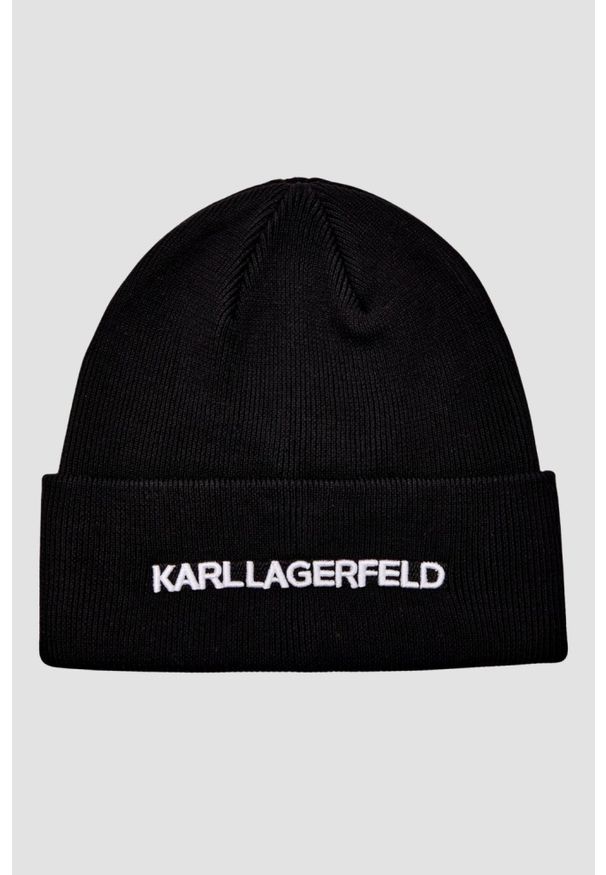Karl Lagerfeld - KARL LAGERFELD Czapka zimowa z haftem. Kolor: czarny. Materiał: dzianina, wełna. Wzór: haft. Sezon: zima. Styl: klasyczny, elegancki