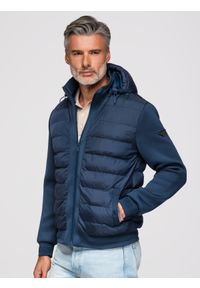 Ombre Clothing - Pikowana kurtka bomberka z kapturem i dzianinowymi rękawami – granatowa V2 - Rozmiar: L. Typ kołnierza: kaptur. Kolor: niebieski. Materiał: dzianina. Wzór: nadruk, aplikacja. Styl: klasyczny