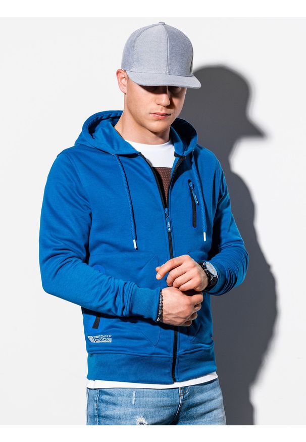 Ombre Clothing - Bluza męska rozpinana z kapturem B1086 - niebieska - S. Typ kołnierza: kaptur. Kolor: niebieski. Materiał: bawełna, poliester