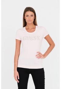 Guess - GUESS Różowy t-shirt Stones Logo Tee. Kolor: różowy. Materiał: bawełna #1