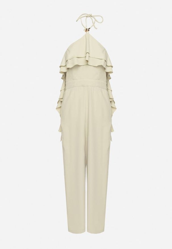 Born2be - Zielony Kombinezon Wiązany na Szyi z Metaliczną Ozdobą Tilindra. Kolor: zielony. Długość: długie. Wzór: aplikacja. Styl: elegancki, klasyczny