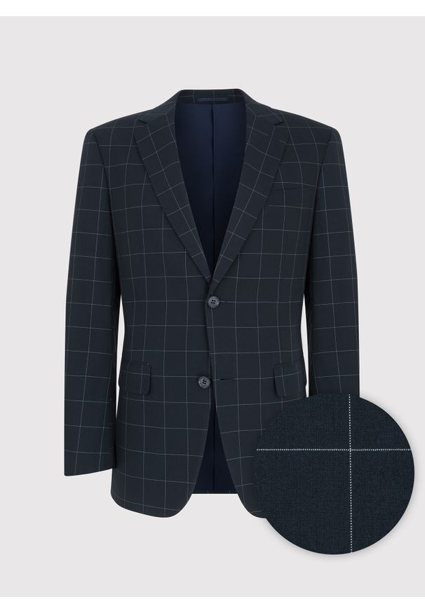 Pako Lorente - PAKO LORENTE – Granatowa marynarka garniturowa w kratę. Kolor: niebieski. Materiał: poliester, elastan, wiskoza. Wzór: kratka. Styl: klasyczny