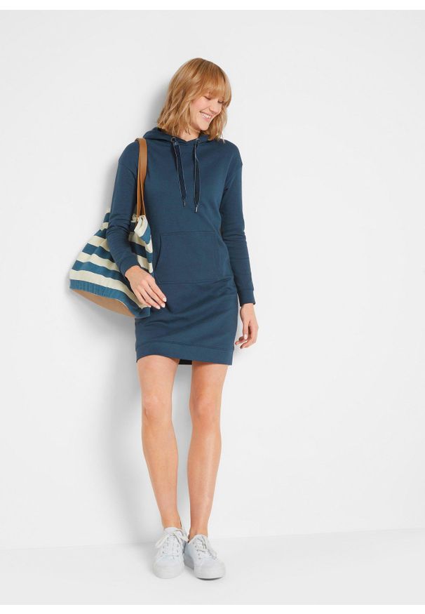 bonprix - Sukienka dresowa z bawełny organicznej. Typ kołnierza: kaptur. Kolor: niebieski. Materiał: bawełna, dresówka