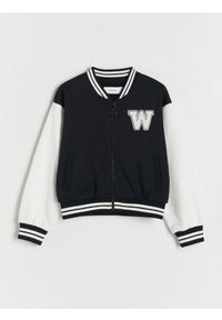 Reserved - Bluza bomber z aplikacją - czarny. Kolor: czarny. Materiał: dzianina, bawełna. Wzór: aplikacja