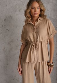 Renee - Beżowy Komplet z Wiskozy Spodnie Wide Leg i Bluzka ze Ściągaczem w Talii Daemnell. Kolor: beżowy. Materiał: wiskoza #8