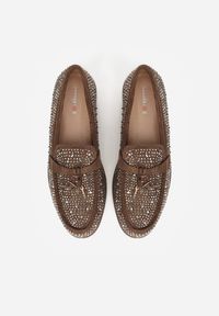 Renee - Brązowe Mokasyny z Cyrkoniami i Ozdobami Distantsteam. Okazja: na co dzień. Kolor: brązowy. Materiał: jeans. Wzór: aplikacja. Styl: glamour, casual #9