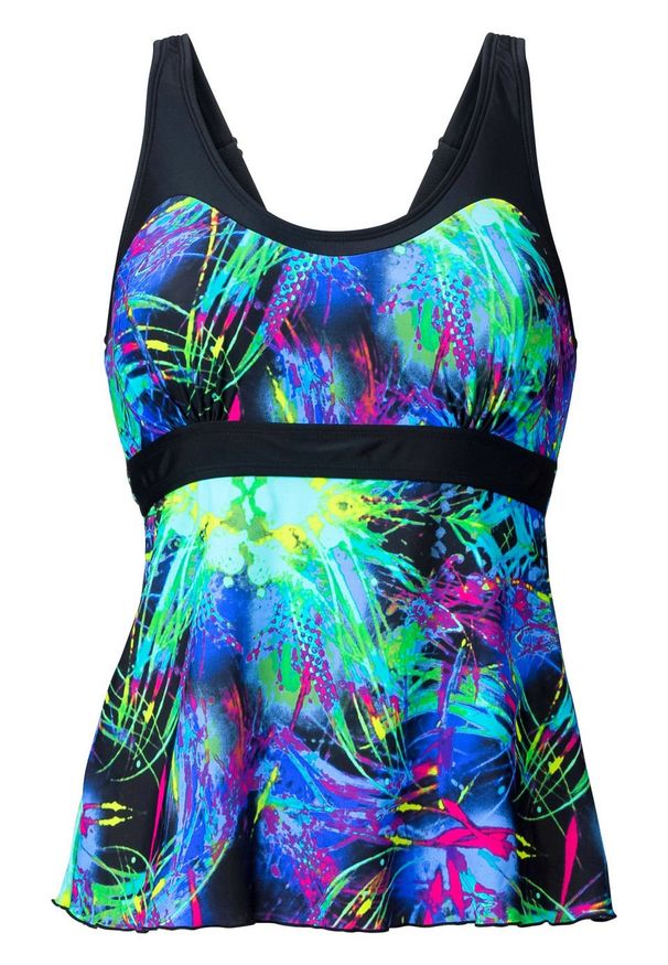 Top plażowy tankini bonprix czarno-niebiesko-zielony. Okazja: na plażę. Kolor: czarny. Długość rękawa: na ramiączkach