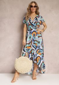 Renee - Niebiesko-Granatowa Kopertowa Sukienka Maxi z Materiałowym Paskiem i Gumką w Talii z Bawełny Alyn. Kolor: niebieski. Materiał: bawełna, materiał. Długość rękawa: krótki rękaw. Sezon: lato, wiosna. Typ sukienki: kopertowe. Długość: maxi