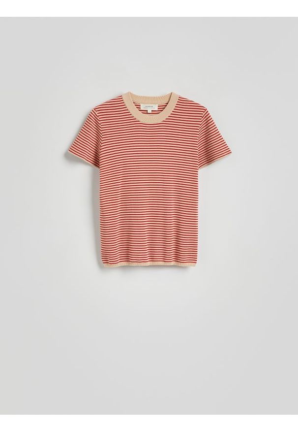 Reserved - Bawełniany t-shirt w paski - beżowy. Kolor: beżowy. Materiał: bawełna. Wzór: paski