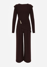 Renee - Brązowy Elegancki Komplet Spodnie Wide Leg i Bluzka z Poduszkami w Ramionach Sewinea. Kolor: brązowy. Wzór: aplikacja #4