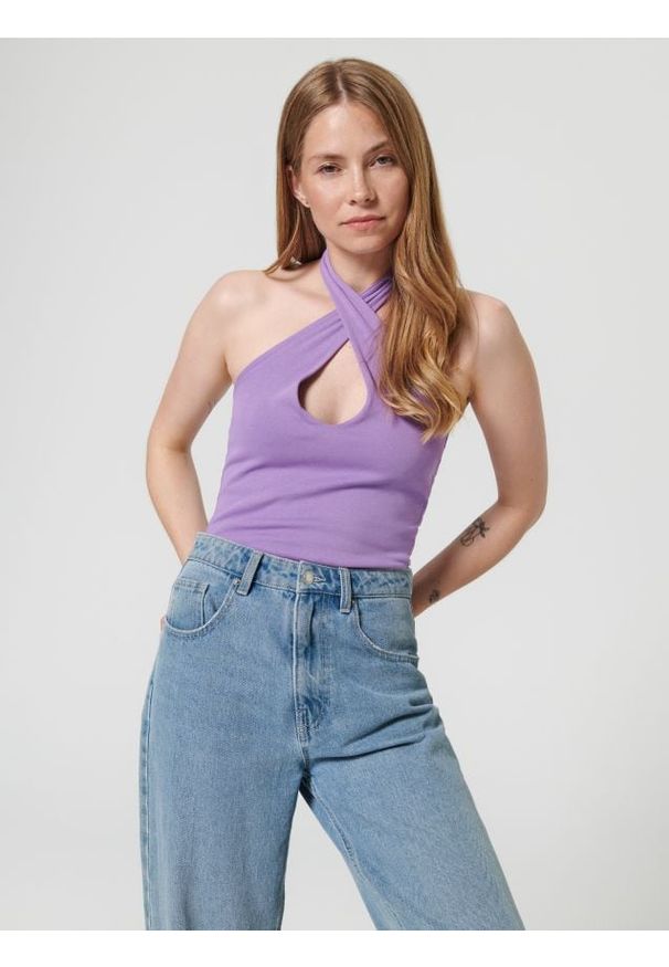 Sinsay - Top z wycięciem - fioletowy. Kolor: fioletowy. Materiał: włókno, bawełna