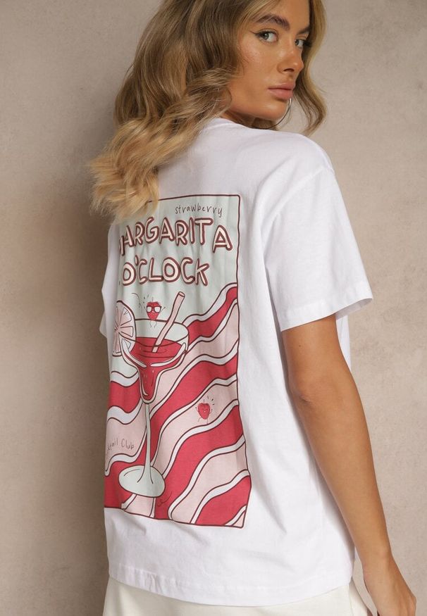Renee - Biało-Czerwony T-shirt Oversize z Bawełny Ozdobiony Nadrukiem Filiora. Okazja: na co dzień. Kolor: biały. Materiał: bawełna. Wzór: aplikacja, nadruk. Styl: casual
