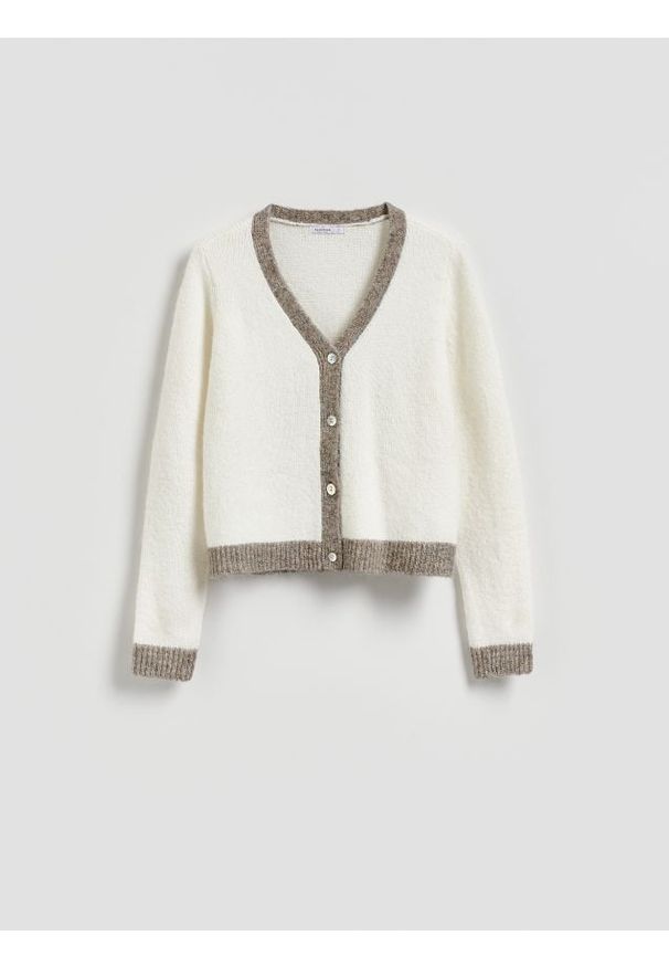 Reserved - Kardigan z kontrastowymi wstawkami - kremowy. Kolor: kremowy. Materiał: wełna, dzianina. Wzór: gładki