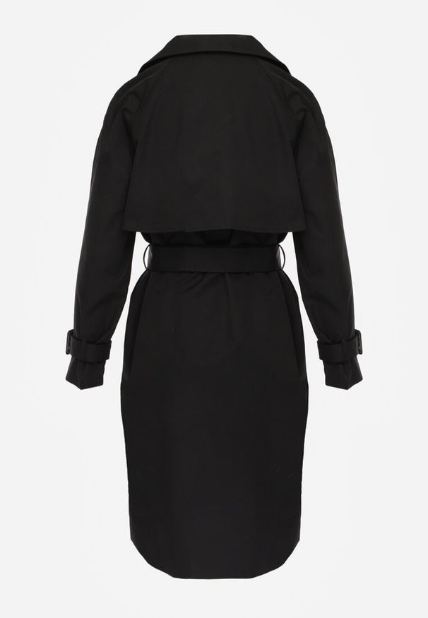 Renee - Czarny Dwurzędowy Płaszcz Trencz z Paskiem Ninnolia. Okazja: do pracy, na spacer. Kolor: czarny. Materiał: jeans. Wzór: aplikacja. Styl: klasyczny, elegancki