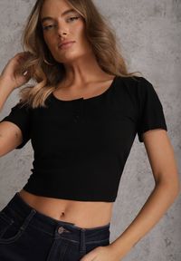 Renee - Czarny Top z Bawełny Ozdobiony Guzikami przy Dekolcie Nediva. Okazja: na co dzień. Kolor: czarny. Materiał: bawełna. Wzór: aplikacja. Styl: casual #6