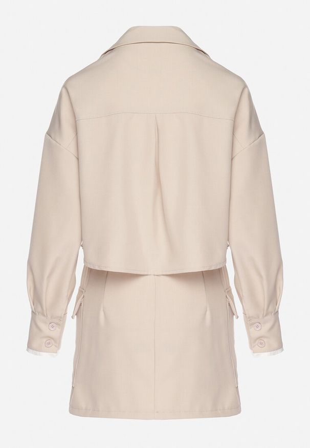 Born2be - Beżowy Komplet Koszula i Spódnica z Imitacją Kieszeni Zensedi. Kolor: beżowy