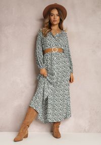 Renee - Biało-Zielona Sukienka Hyrathe. Kolor: zielony. Materiał: tkanina. Wzór: aplikacja, kwiaty, nadruk. Styl: elegancki. Długość: maxi