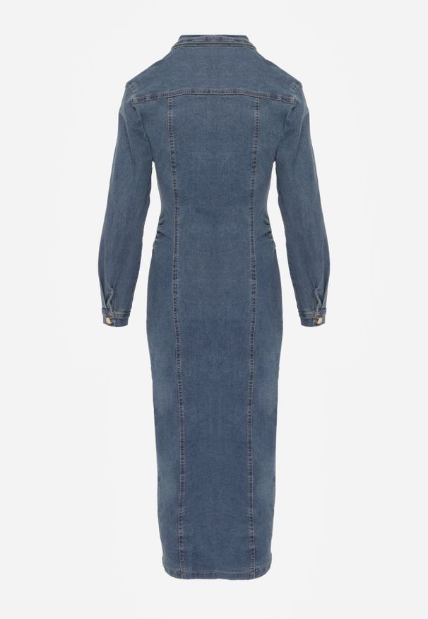 Born2be - Niebieska Jeansowa Sukienka Koszulowa o Taliowanym Kroju Neveala. Okazja: na co dzień. Kolor: niebieski. Materiał: jeans. Typ sukienki: koszulowe. Styl: casual, klasyczny. Długość: midi