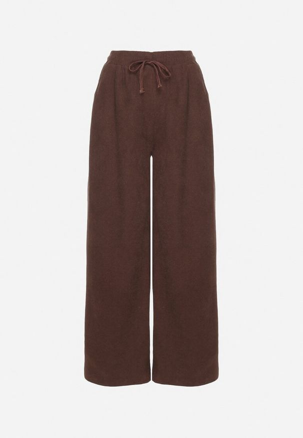 Born2be - Brązowe Szerokie Spodnie z Wysokim Stanem Wiązane Sznurkiem Cosetta. Okazja: na co dzień. Stan: podwyższony. Kolor: brązowy. Styl: elegancki, casual