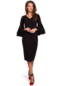 Sukienki.shop - Sukienka elegancka wieczorowa midi z bufiastymi rękawami czarna. Kolor: czarny. Typ sukienki: ołówkowe. Styl: elegancki, wizytowy. Długość: midi #3