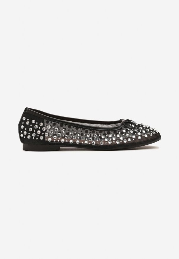 Renee - Czarne Siateczkowe Balerinki Zdobione Cyrkoniami i Kokardką Revia. Okazja: na co dzień. Kolor: czarny. Materiał: jeans. Wzór: aplikacja. Styl: klasyczny, elegancki, casual